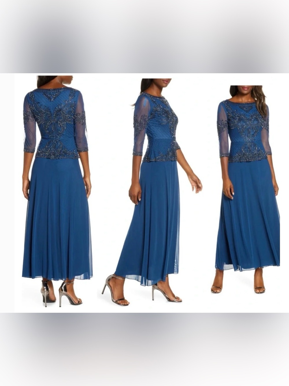 Pissaro nights blue jewel neck 3/4 sleeves bead embellished gown $218